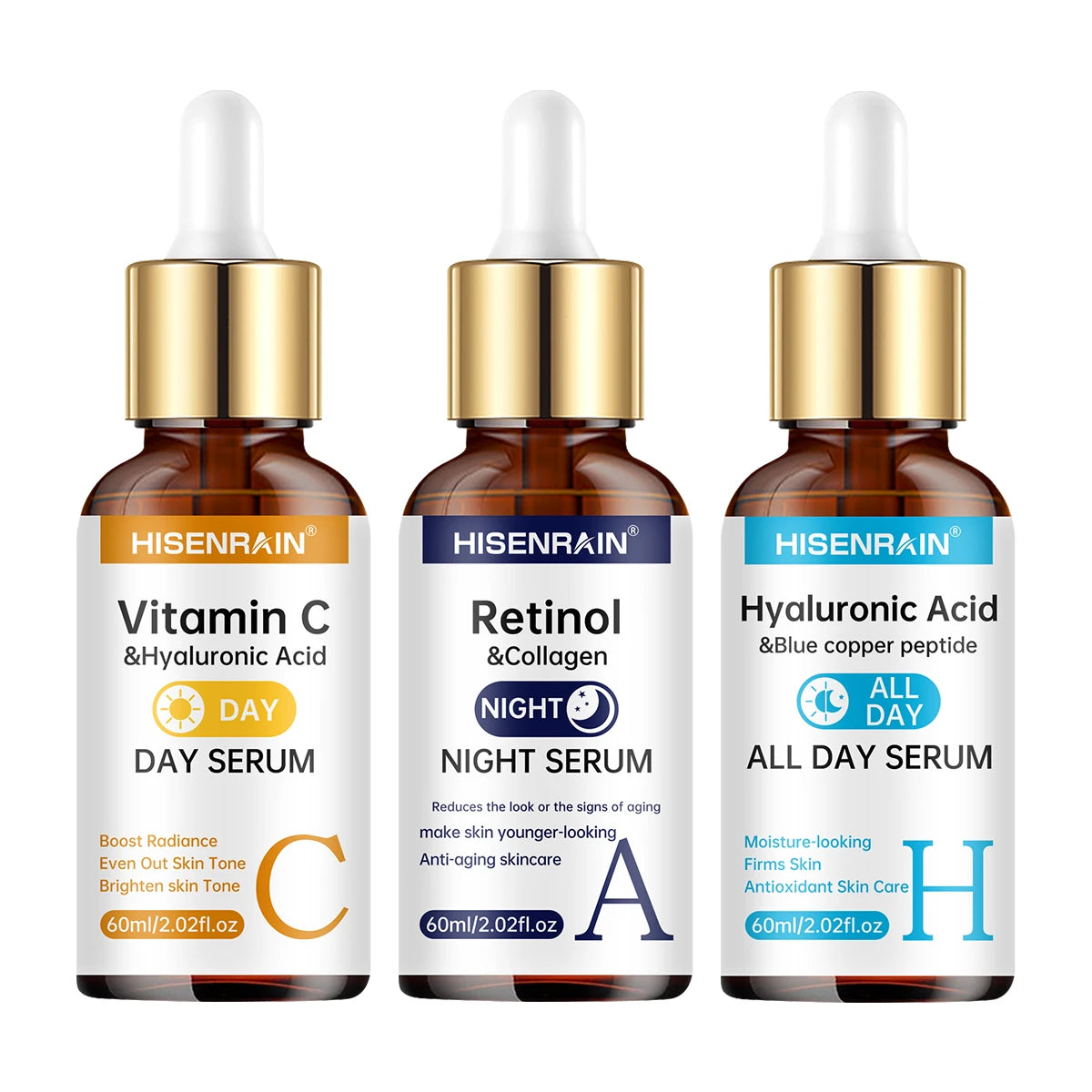 SkinSwaag Beauty HISENRAIN Vitamin C + Retinol + Hyaluronic Acid Serum Duo — vitamin C + retinol + hyaluronic acid — duo set front view on white background