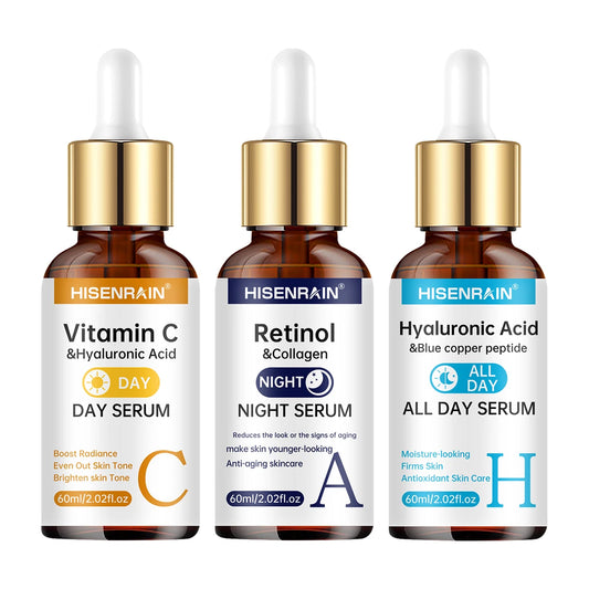 SkinSwaag Beauty HISENRAIN Vitamin C + Retinol + Hyaluronic Acid Serum Duo — vitamin C + retinol + hyaluronic acid — duo set front view on white background