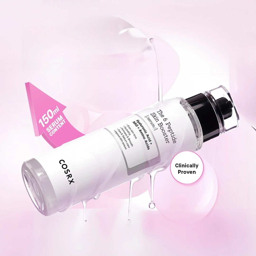 Two K-beauty serum bottles, one peptide booster and one vitamin C brightening serum, shown as a set.