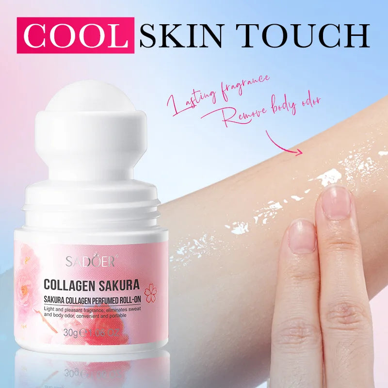 Sakura collagen roll-on deodorant with light fragrance in a portable tube