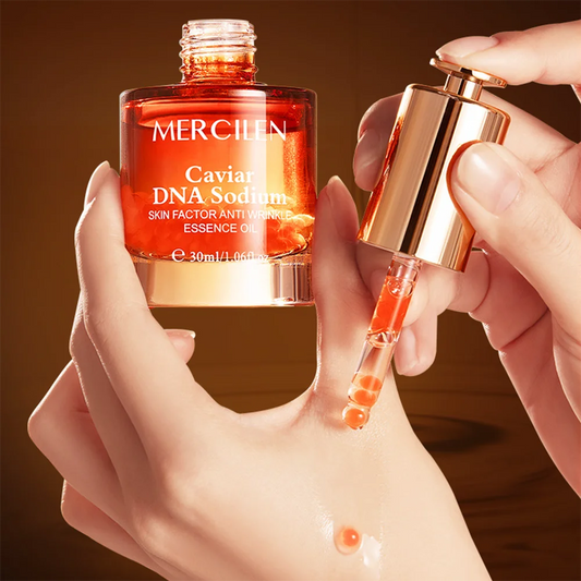 NIDA Caviar DNA Facial Essence Oil — Caviar DNA & Sodium Skin Factor — Bottle front view with MERCILEN branding close-up