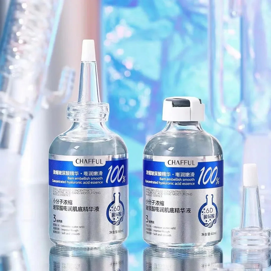 Two bottles of hyaluronic acid facial essence for deep skin hydration