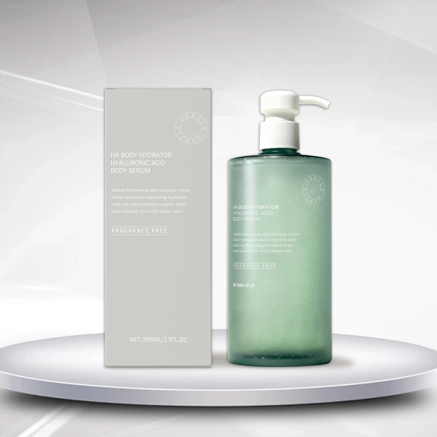 Hyaluronic acid body serum bottle with pump dispenser on neutral background