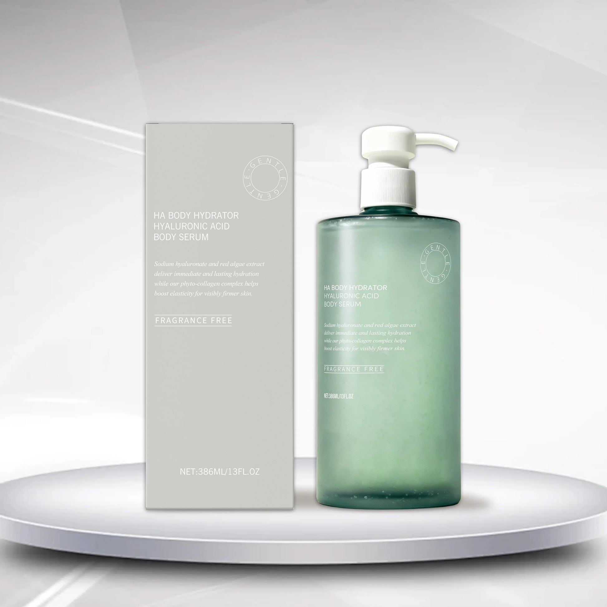 Hyaluronic acid body serum bottle with pump dispenser on neutral background