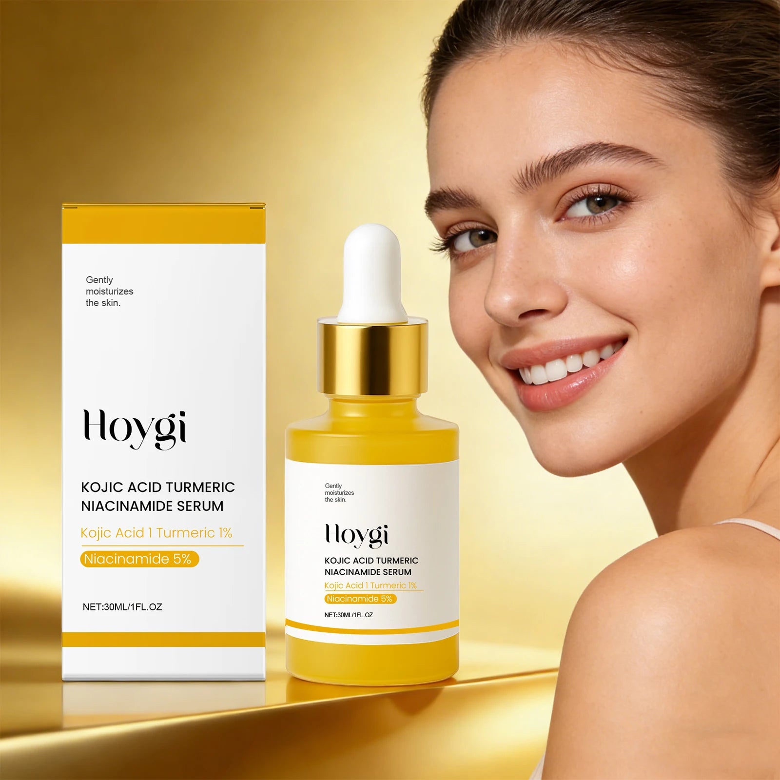 Hoygi Kojic Turmeric Brightening Facial Essence — Kojic Turmeric — Yellow and white dropper bottle with matching box on white background