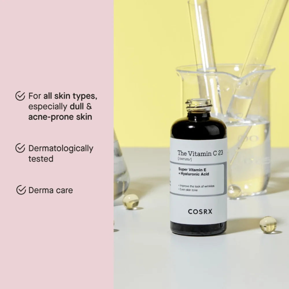 Two serum bottles: peptide skin booster and vitamin C brightening serum