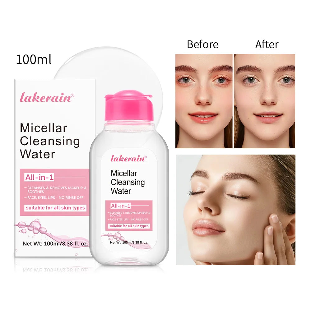 Clear bottle of 3-in-1 micellar water makeup remover