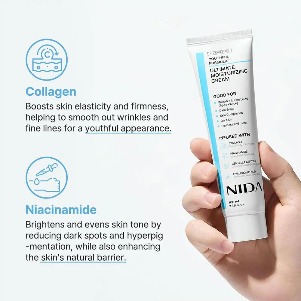 NIDA Youthful Formula Ultimate Moisturizing Cream — Moisturizing Complex — Tube front view with NIDA branding close-up