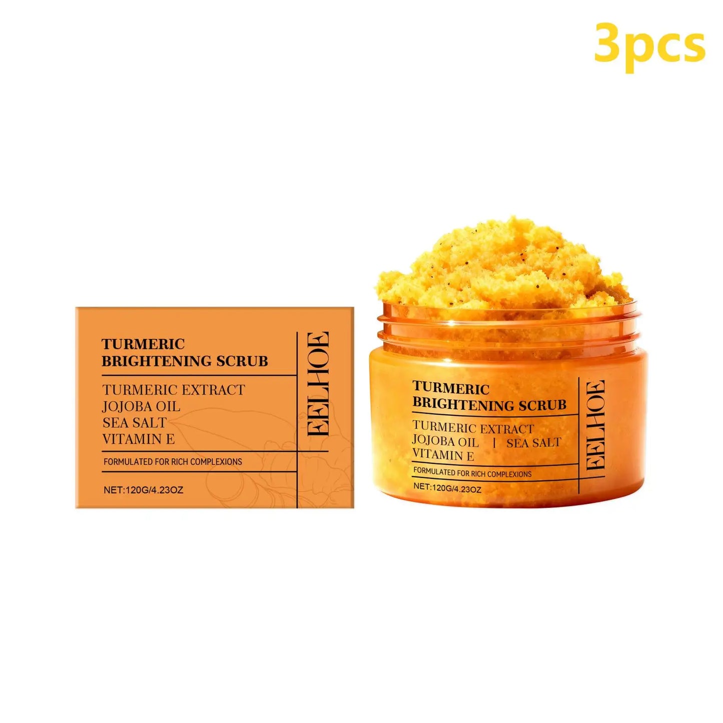 EELHOE Turmeric & Sea Salt Body Scrub — Turmeric & Jojoba Oil — Scrub jar size in hand comparison
