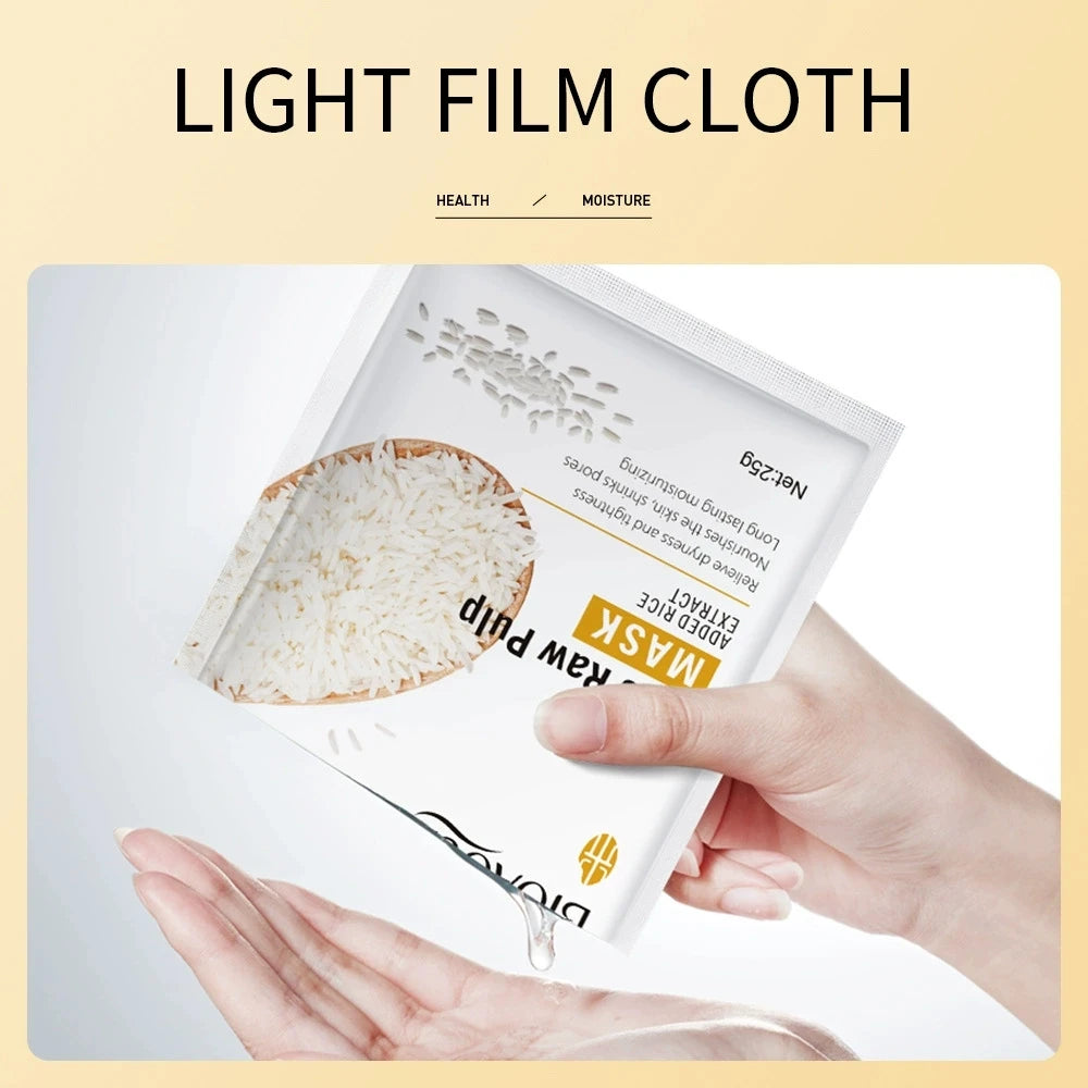 Single-use hydrating and firming rice sheet face mask sachet for moisturizing skincare