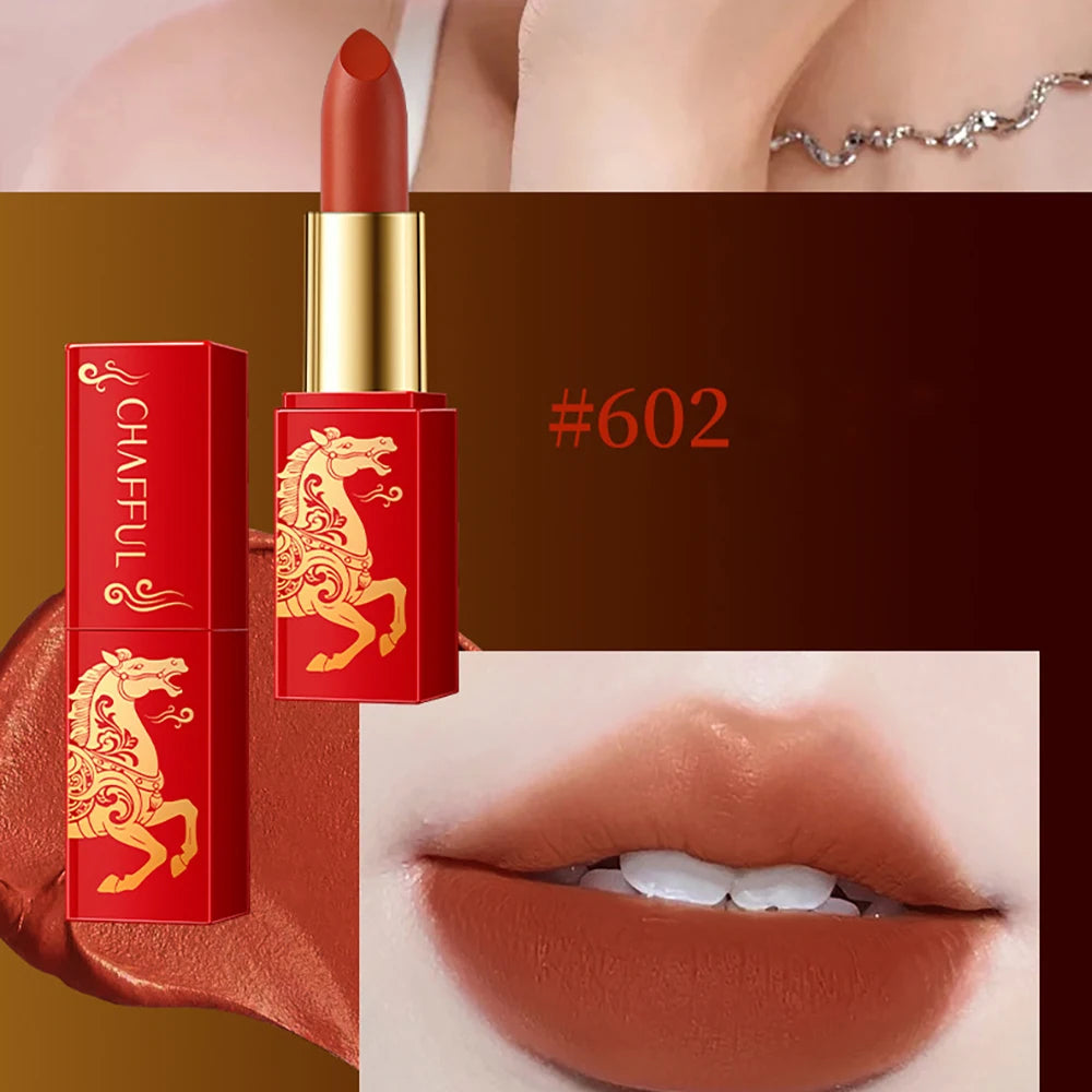 Matte waterproof long-lasting lipstick in open tube showing color