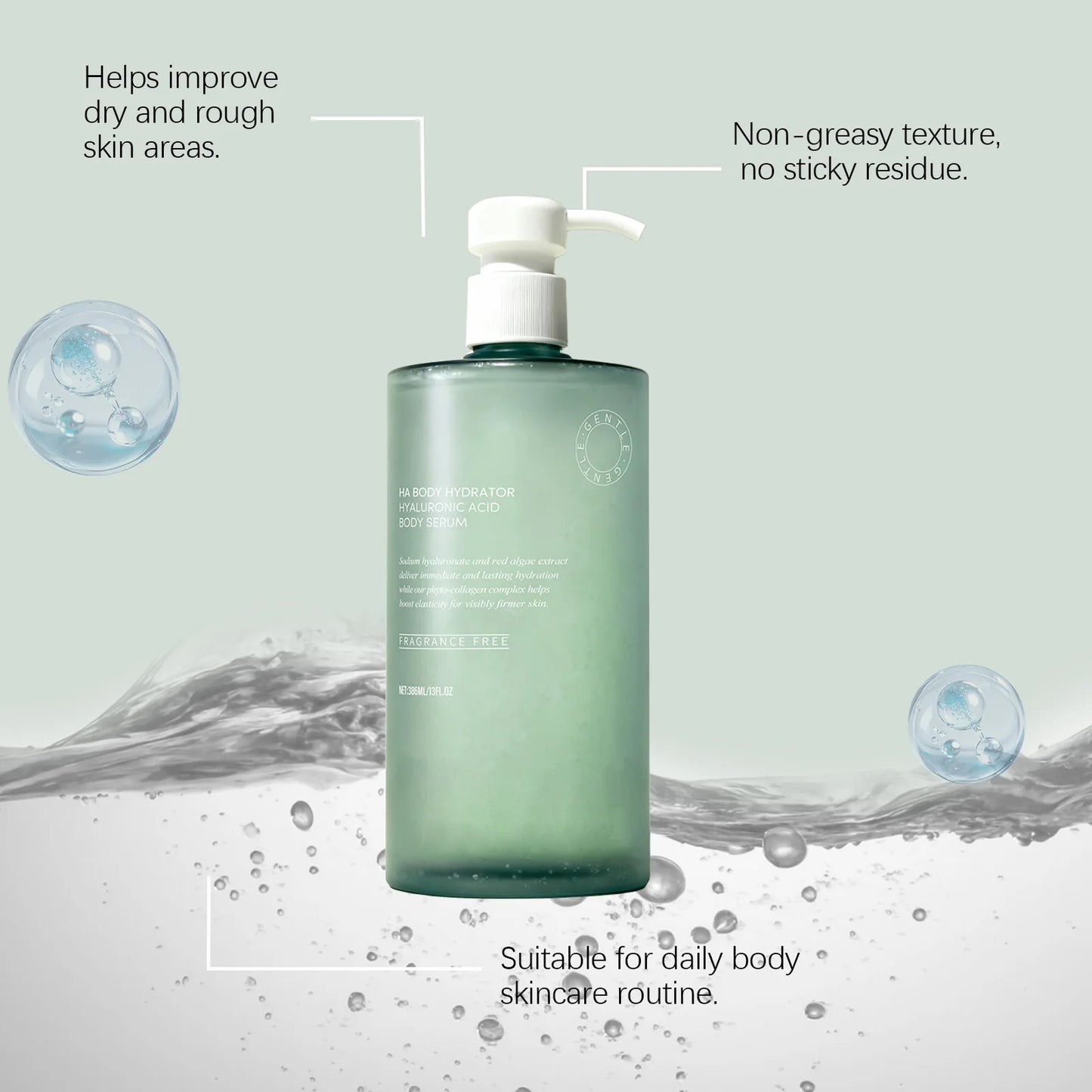 Hyaluronic acid body serum in a pump bottle for deep hydration and moisturizing skin.