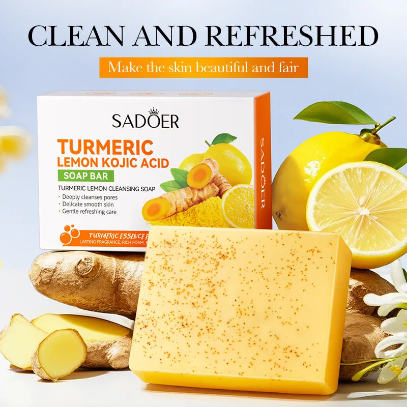 Handmade soap bar with turmeric and kojic acid for brightening.