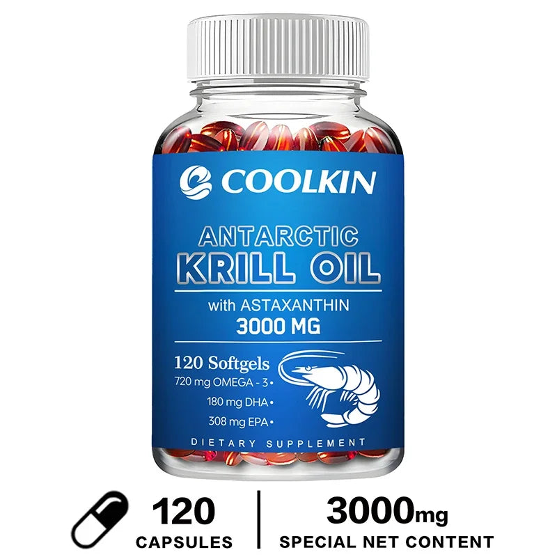 SkinSwaag Beauty COOLKIN Antarctic Krill Oil 3000mg — omega-3 EPA DHA + astaxanthin — batch code on packaging on white background