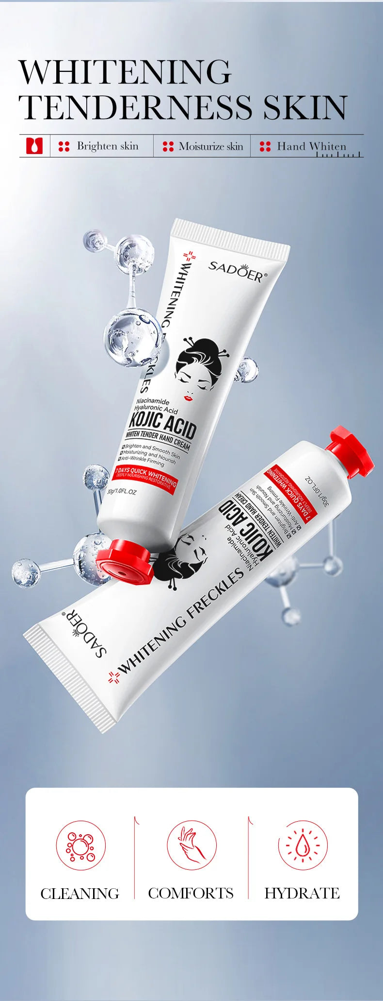 Hand cream tube with kojic acid brightening and nourishing formula