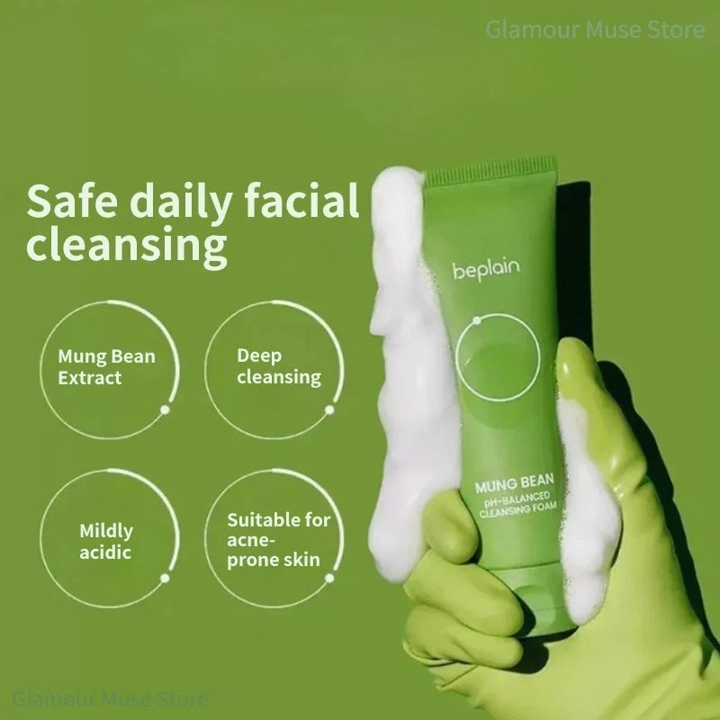 BEPLAIN Mung Bean Pore Refining Skincare Set — Mung Bean — Individual product bottles close-up