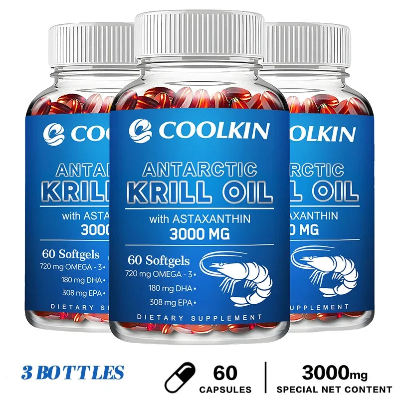 SkinSwaag Beauty COOLKIN Antarctic Krill Oil 3000mg — omega-3 EPA DHA + astaxanthin — bottle and box side by side on white background