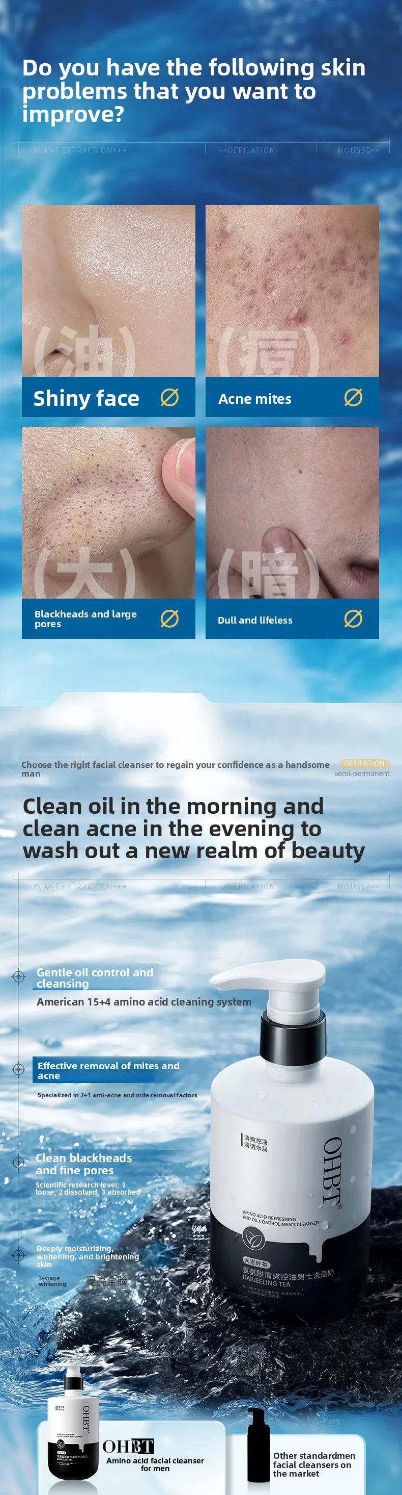 OHBT Men Salicylic Acid Cleansing Lotion 500g, Gentle Moisturizing Nourishing Facial Cleanser, Oil Control Brightening Face Wash