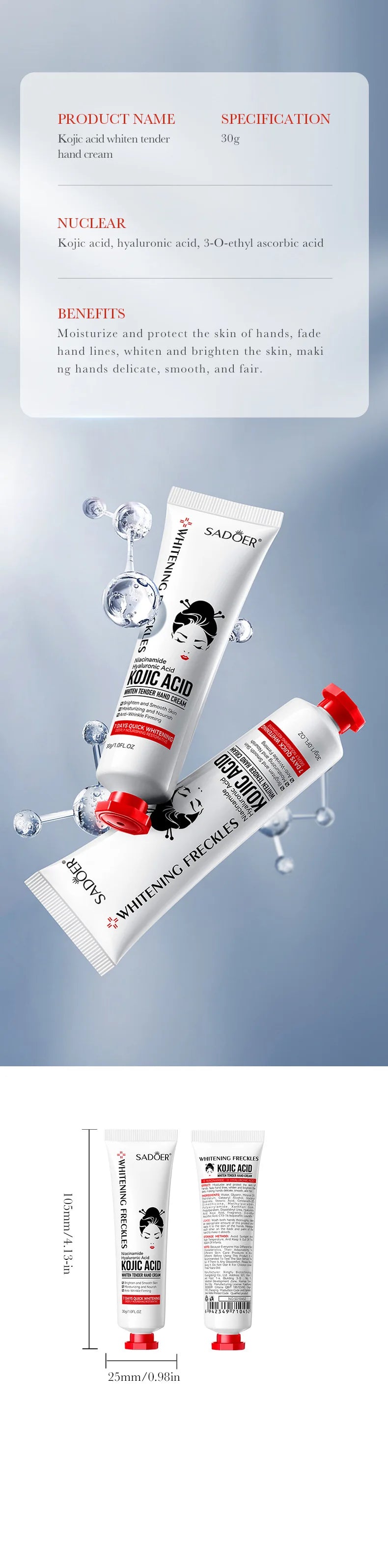 Hand cream tube with kojic acid for brightening and nourishing skin