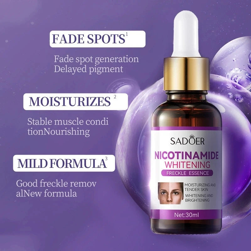 A set of dark spot correcting essence bottles containing nicotinamide