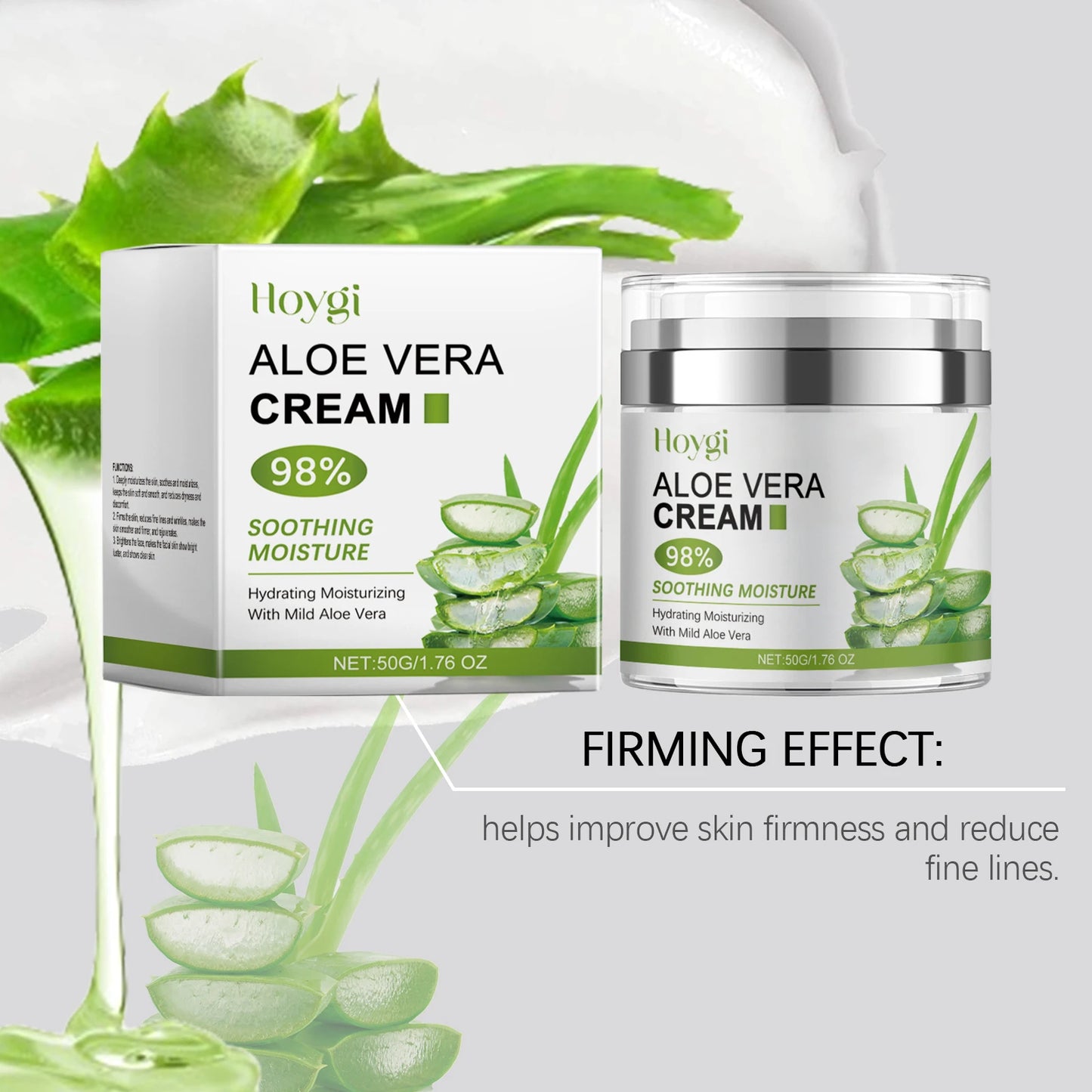 Jar of aloe vera cream with green leaf accents