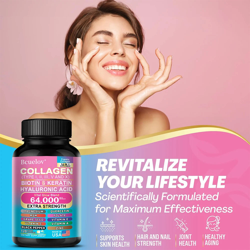 Bcuelov 14-in-1 Collagen Biotin & Hyaluronic Acid Supplement — collagen + biotin + hyaluronic acid — ingredient list on packaging on white background