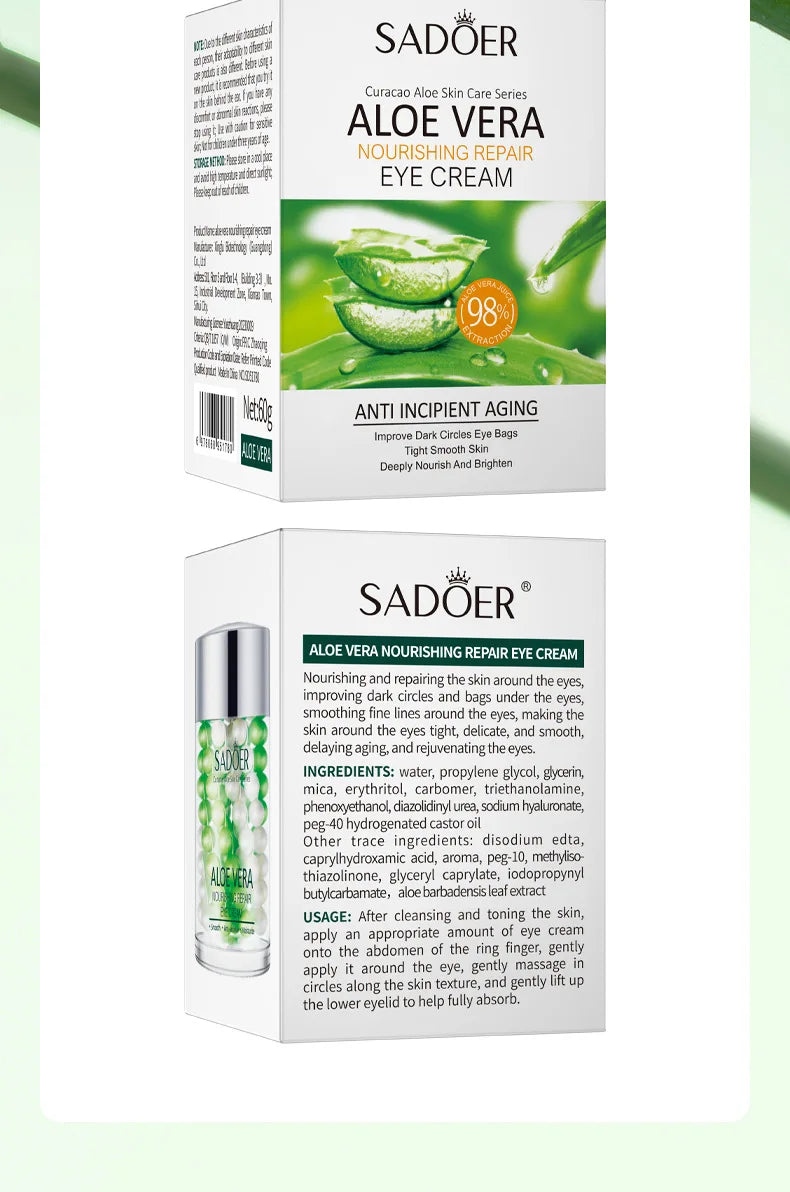 SADOER Aloe Vera Eye Cream Anti Dark Circles Eye Bags Remover Nourishing Moisturizing Firming Eyes Creams Skin Care Proudcts