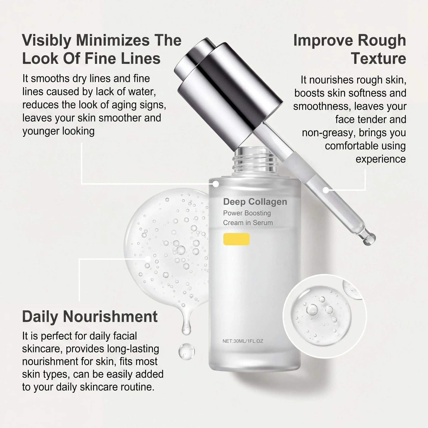 Face firming serum bottle with collagen silk peptide formula