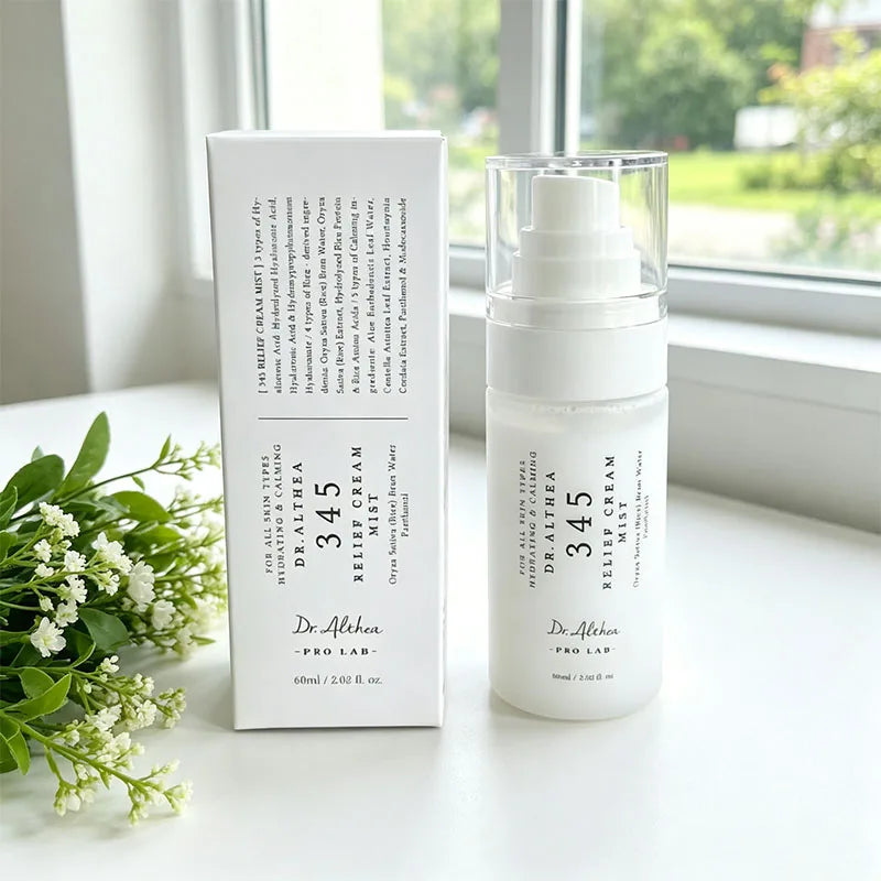 DR ALTHEA 345 Face Moisturizer Daily Soothing Cream And Mist — 345 Relief Formula — Product and packaging full display