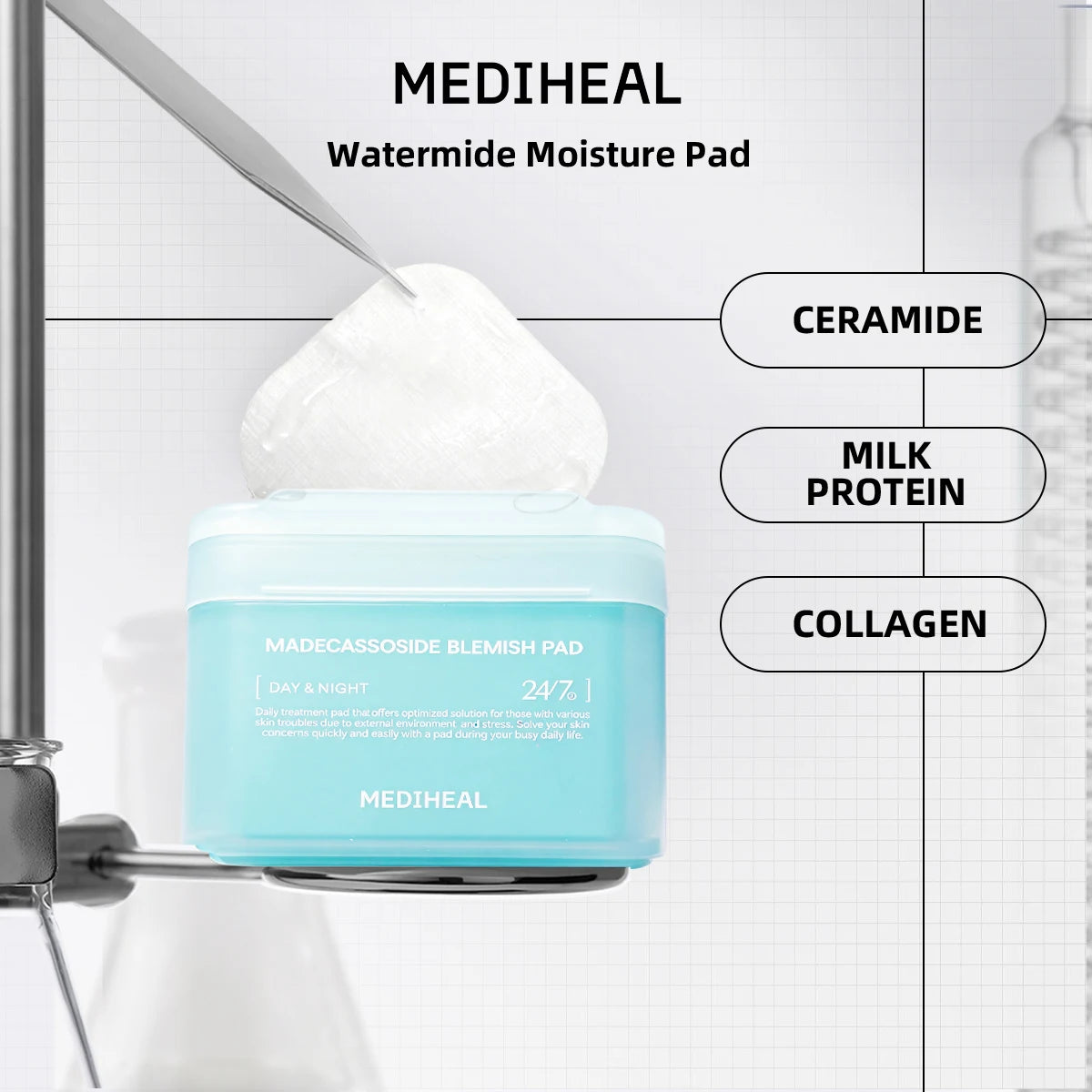 Round cotton toner pads soaked in hydrating essence inside a clear jar