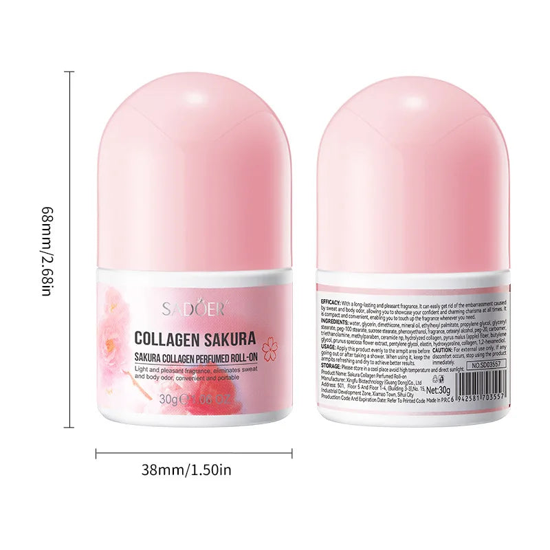 Sakura collagen roll-on deodorant bottle with light fragrance, designed for portable daily use