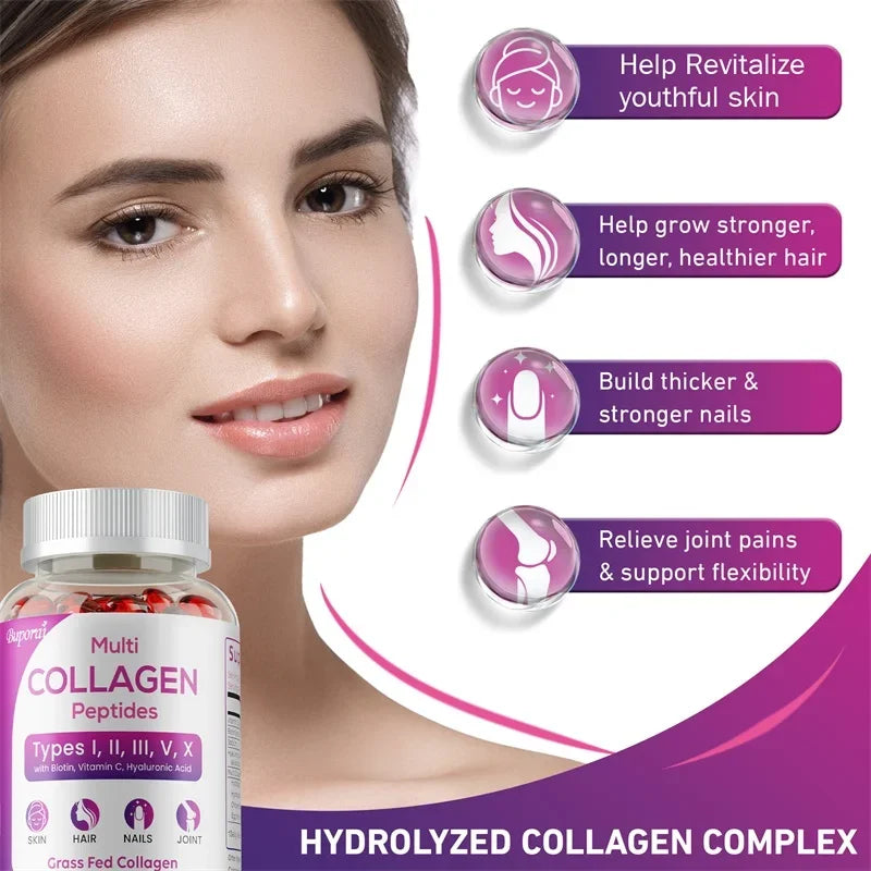 SkinSwaag Beauty BuPOREI Multi Collagen Peptides — collagen + biotin + vitamin C + hyaluronic acid — jar opened showing capsules on white background
