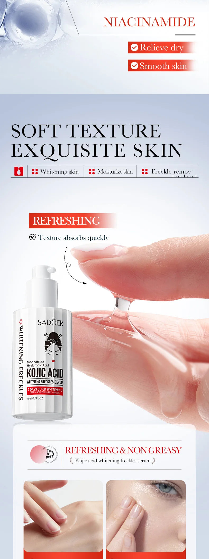 Kojic acid brightening serum bottle for fading dark spots and freckles