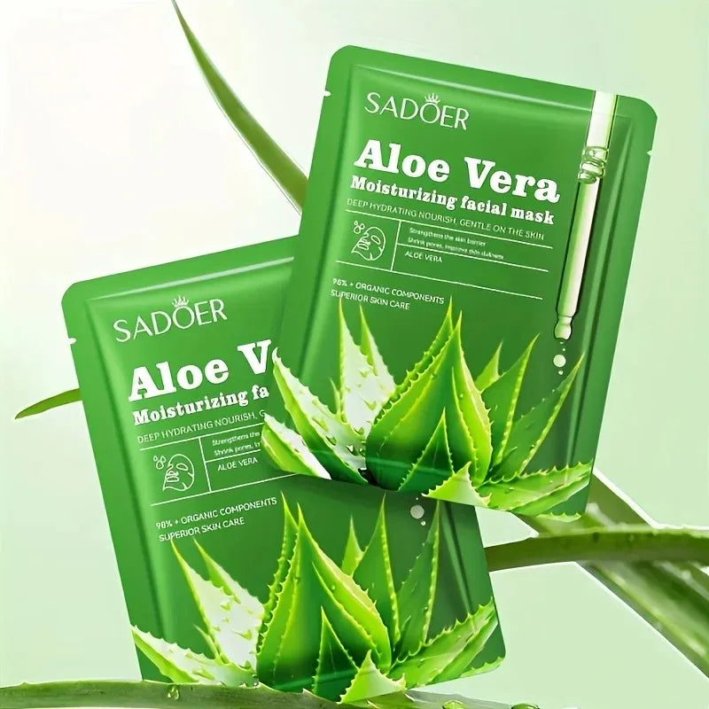 Aloe vera and glycerin sheet mask for moisturising, shown in packaging with green botanical design.