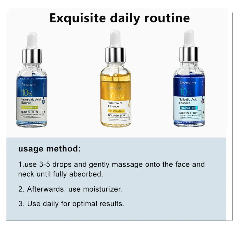 Two 30ml facial serum bottles with salicylic acid, vitamin C, and hyaluronic acid for brightening and hydration.