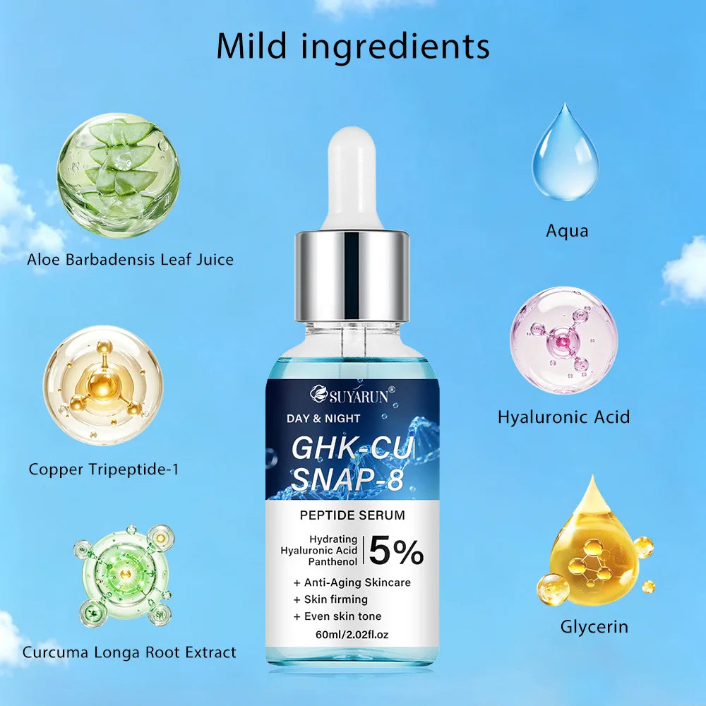 Glass dropper bottle of firming peptide serum with GHK-Cu and SNAP-8