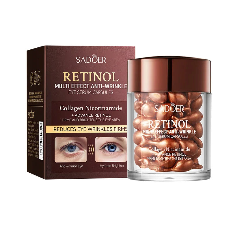 Firming eye serum bottle with dropper containing retinol and peptides to reduce dark circles and moisturize under eyes