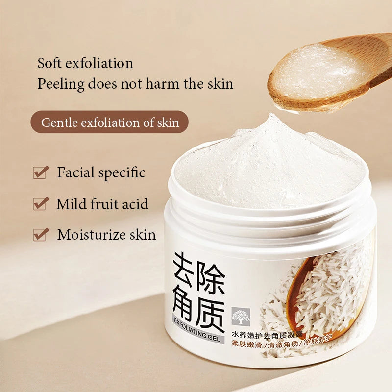 White rice facial scrub gel and cream tube for exfoliating and brightening skin