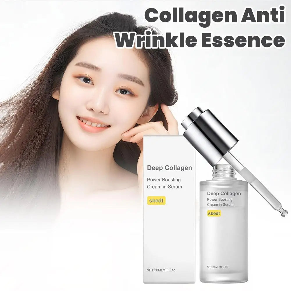 Anti-aging serum ampoule with collagen and peptide complex for skin tightening.