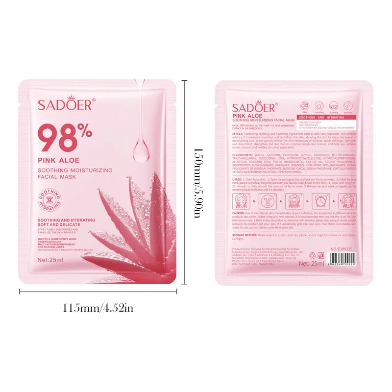 Sheet mask packaging featuring pink aloe design for hydrating and nourishing skin