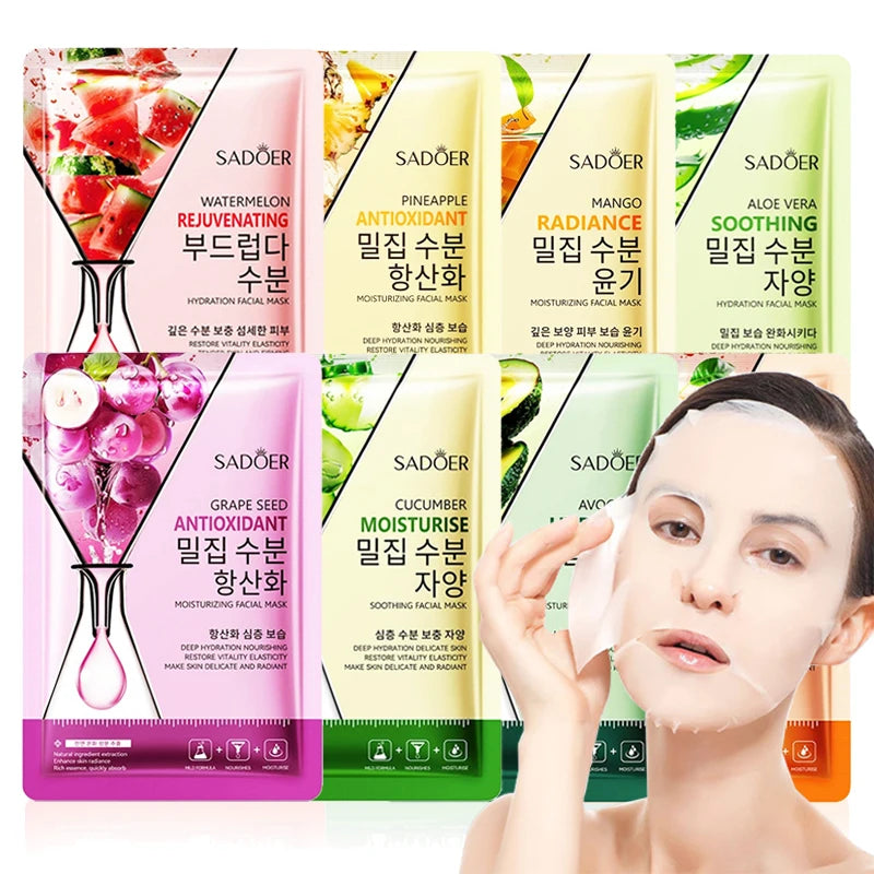 Eight fruit extract facial sheet masks in packaging for hydrating and brightening skin care