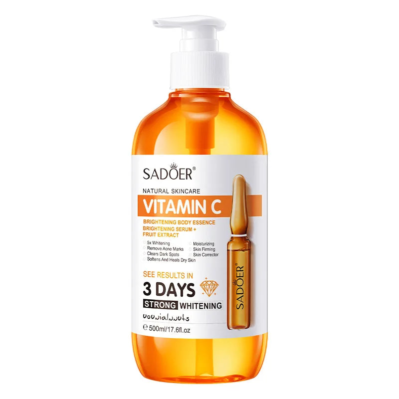 Bottle of AHA brightening body essence with pump, 500ml, for whitening and hydrating skin.