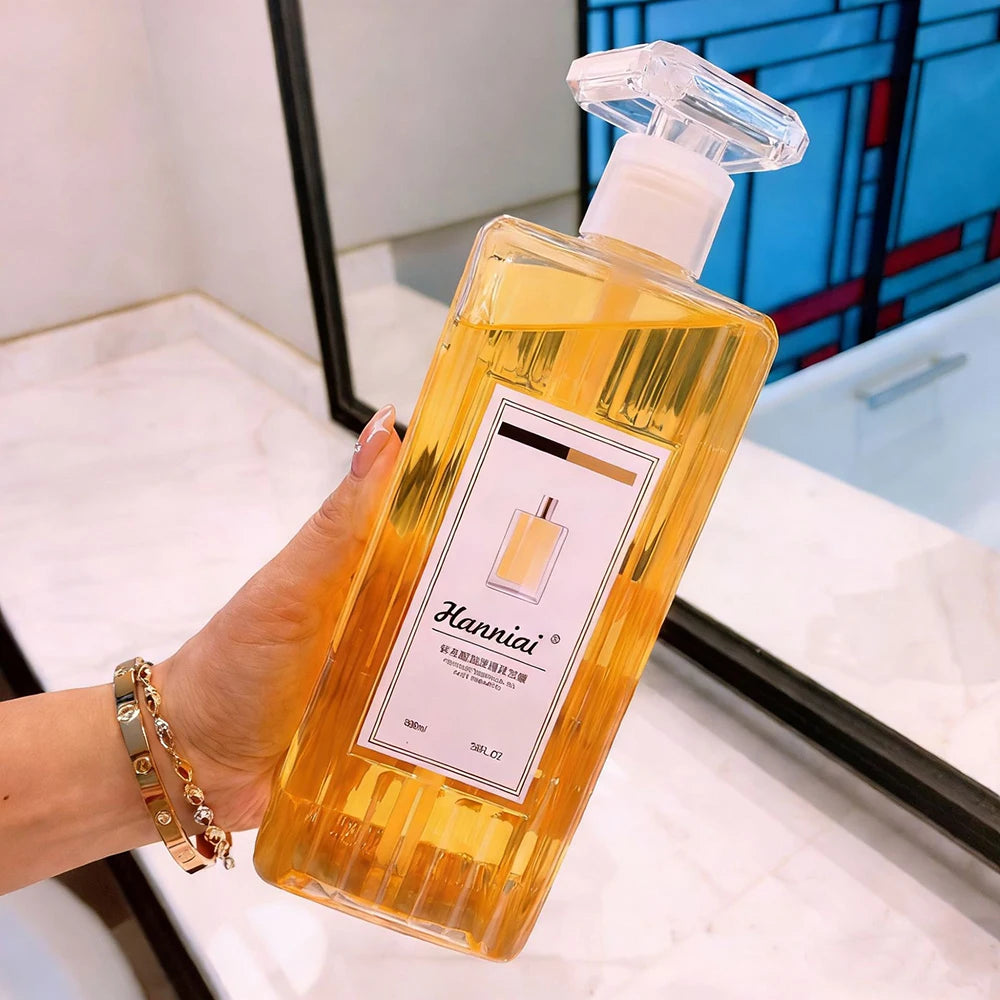 Mango peach bubble shower gel bottle surrounded by soft foam