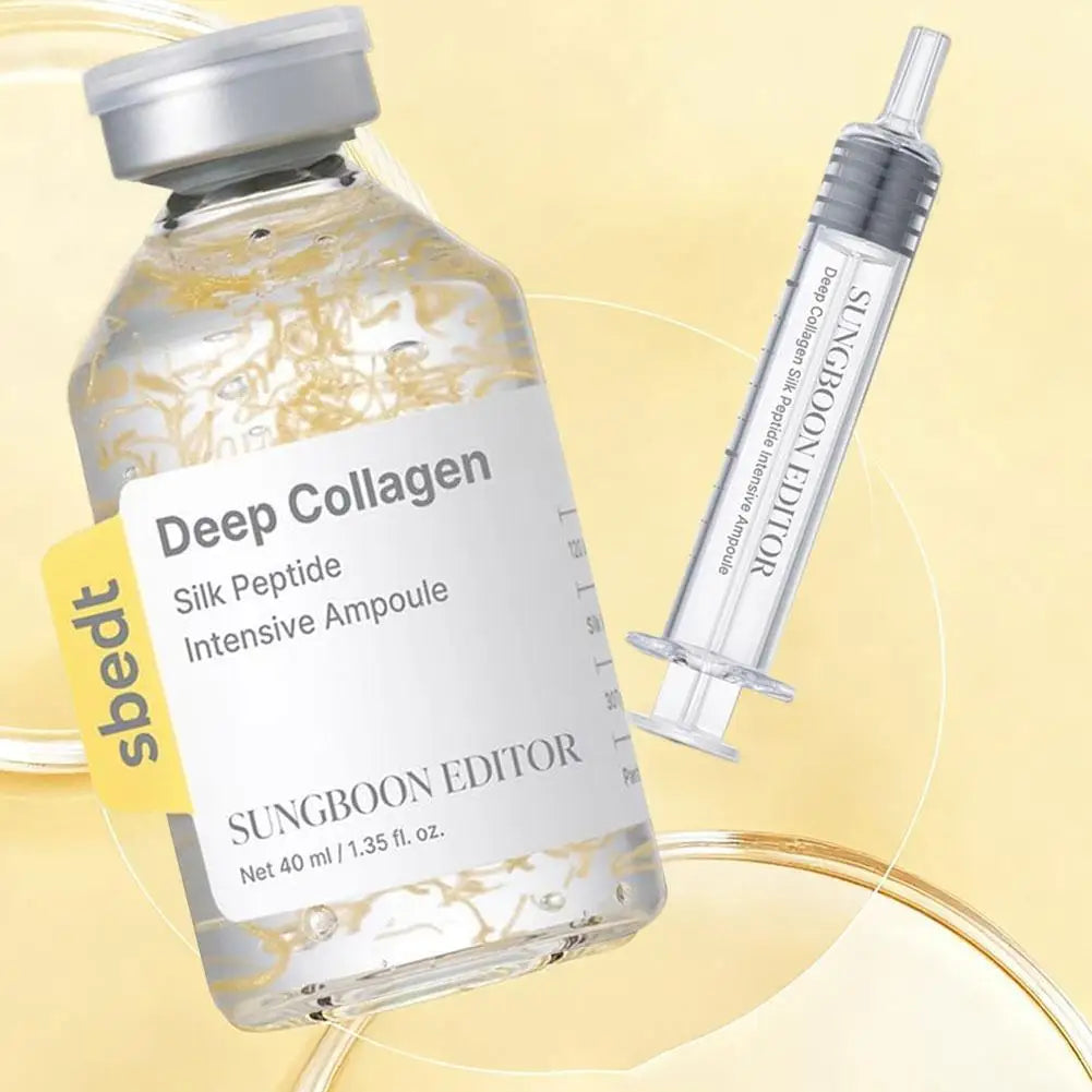 Skincare set featuring deep collagen peptide ampoule and firming serum bottle