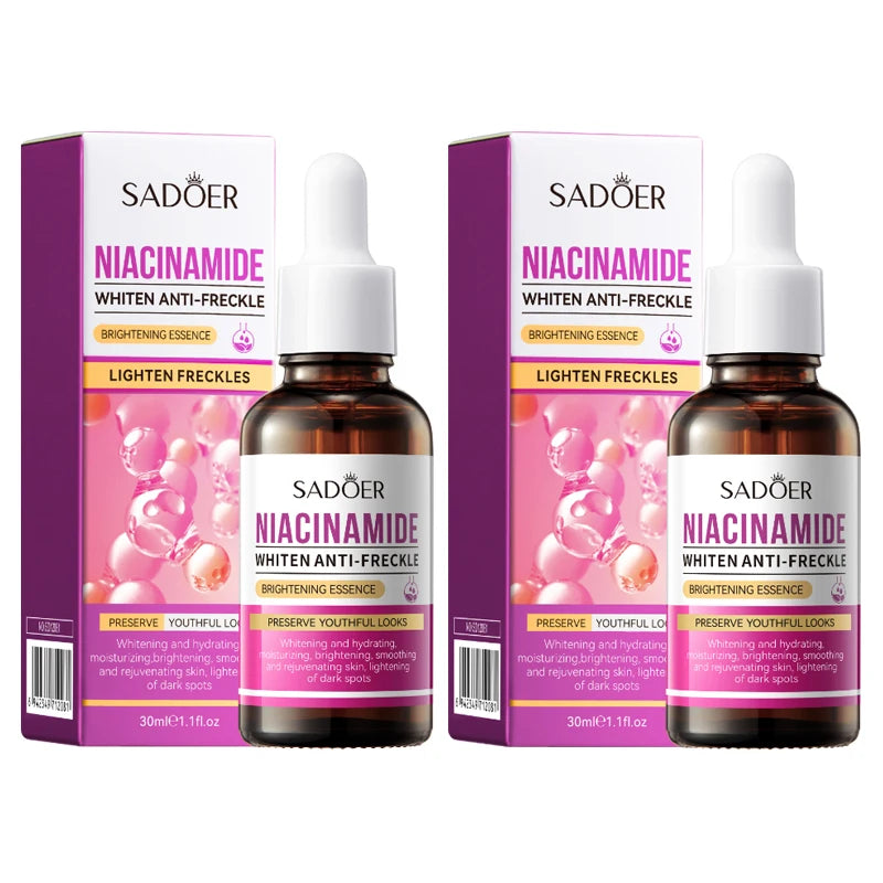 Glass bottle of brightening anti-freckle facial essence with niacinamide