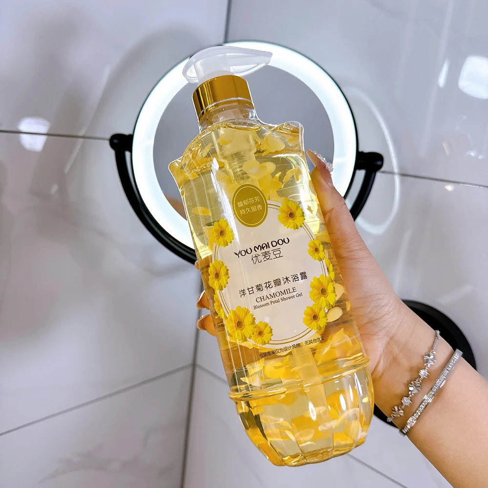 Bottle of mango peach bubble shower gel with bubbly lather