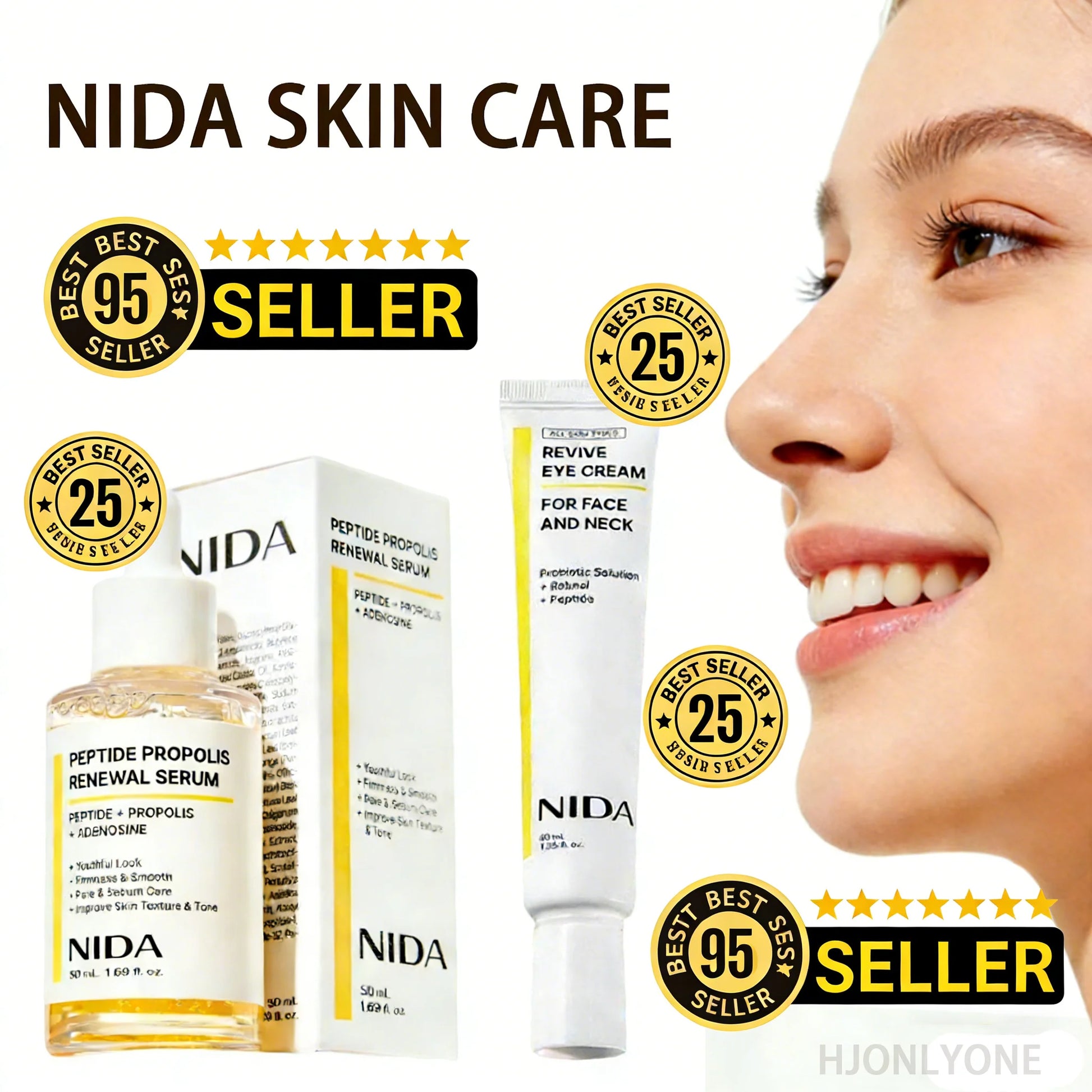 NIDA Facial Serum Eye Cream Set — Peptide & Propolis — Serum dropper bottle front view with NIDA branding close-up
