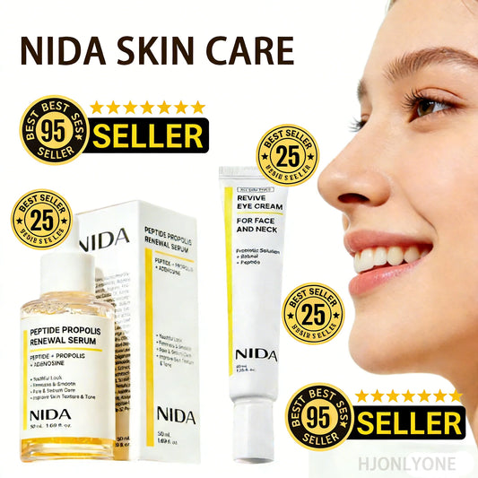 NIDA Facial Serum Eye Cream Set — Peptide & Propolis — Serum dropper bottle front view with NIDA branding close-up