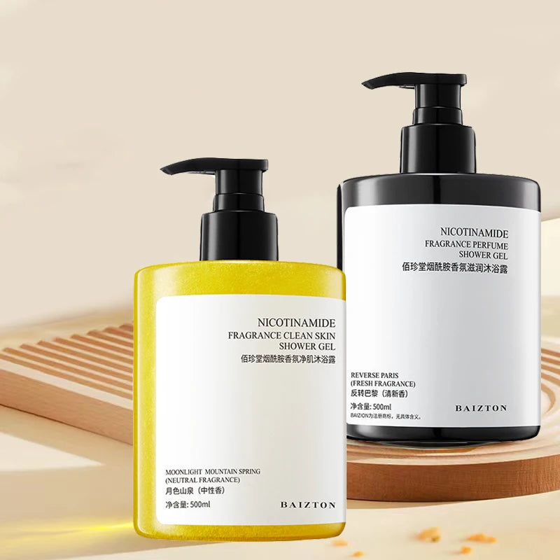 SkinSwaag Beauty BAIZTON Nicotinamide Fragrance Perfume Shower Gel — nicotinamide — shower gel bottle front view on white background