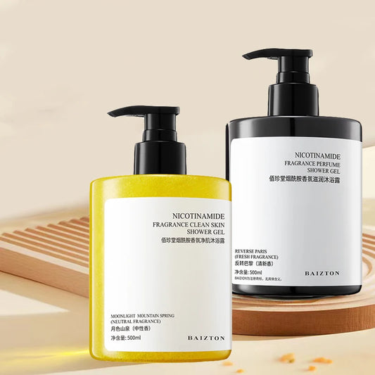 SkinSwaag Beauty BAIZTON Nicotinamide Fragrance Perfume Shower Gel — nicotinamide — shower gel bottle front view on white background